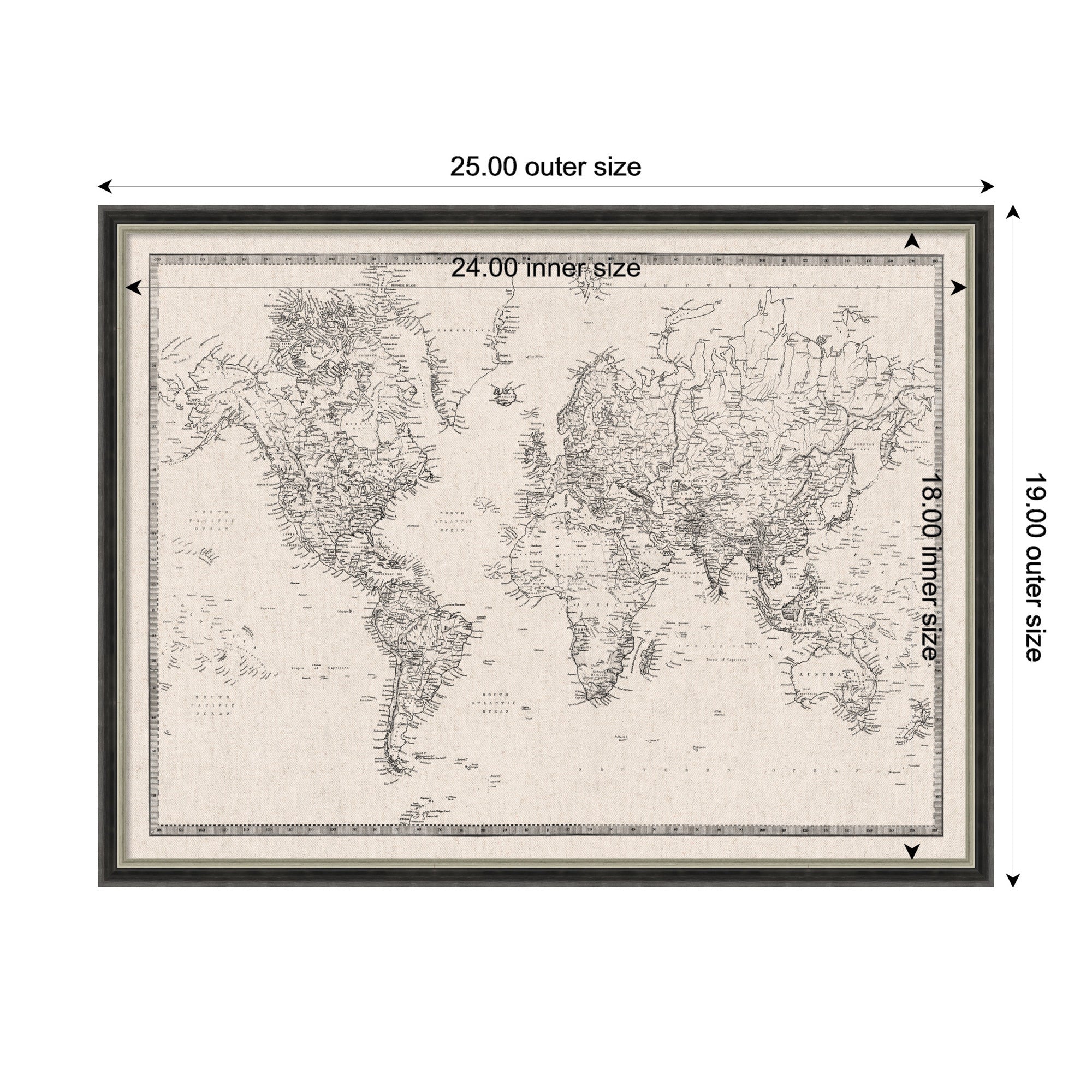 Framed Fabric Pinboard Vintage Black and White Linen World Map Wall Organization