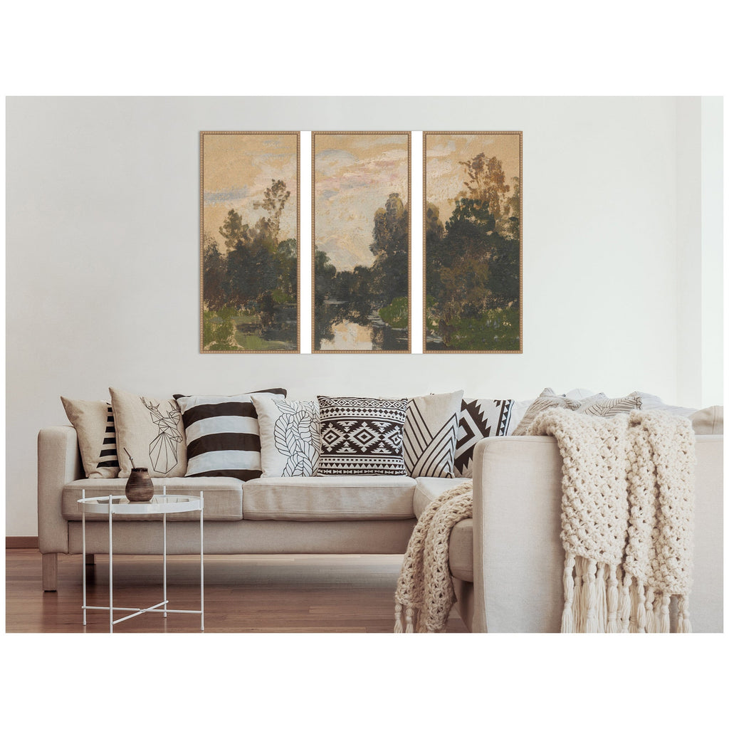 Landscape by the River Barycz Adolf Dressier 3 Piece Framed Canvas Wall Art Set by Nostalgia Prints