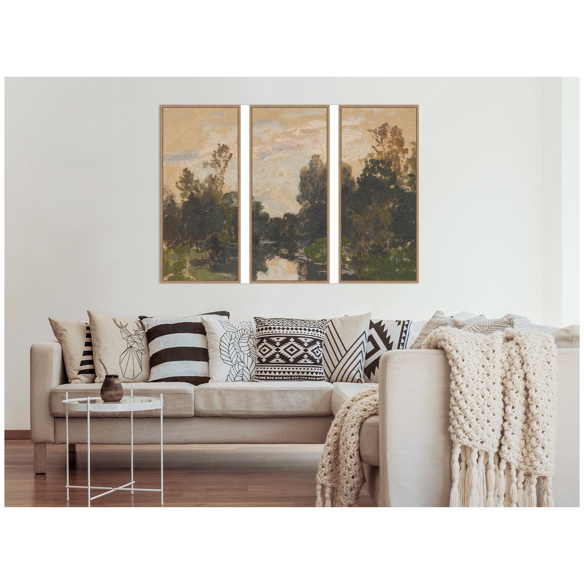 Landscape by the River Barycz Adolf Dressier 3 Piece Framed Canvas Wall Art Set by Nostalgia Prints