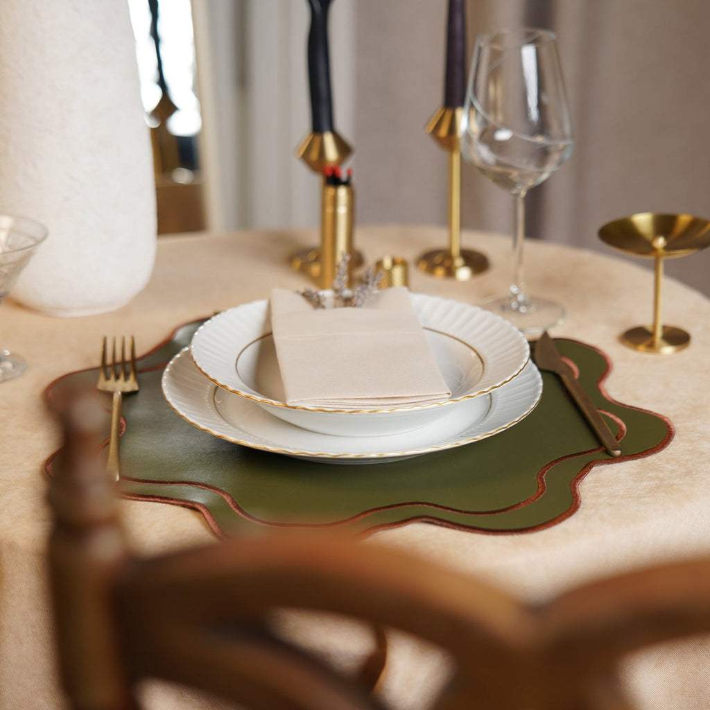 HAVEN DARK GREEN BROWN TRIM WAVY EDGE FAUX LEATHER PLACEMAT (Set Of 4)