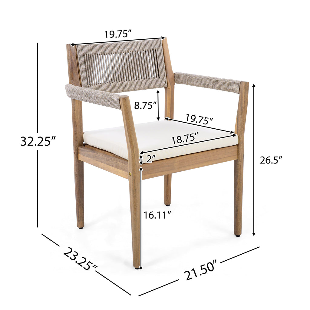 Braided Acacia Wood Outdoor Dining Chairs Set of 2 – Teak Look with Beige Rope & Cream Cushions