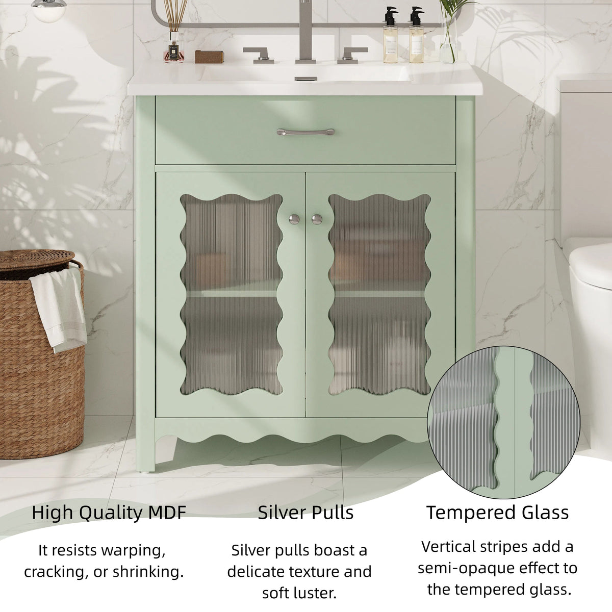 30-Inch Bathroom Vanity with Tempered Glass