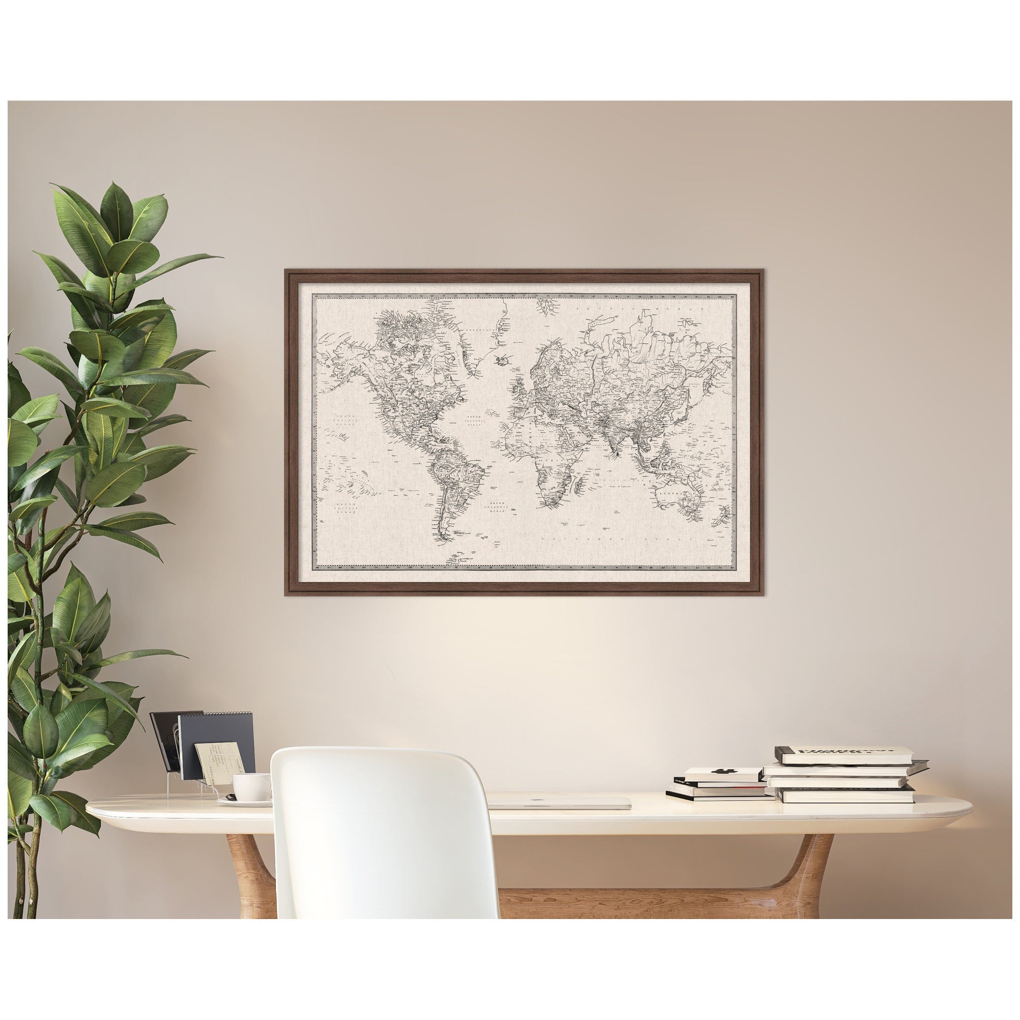 Framed Fabric Pinboard Vintage Black and White Linen World Map Wall Organization