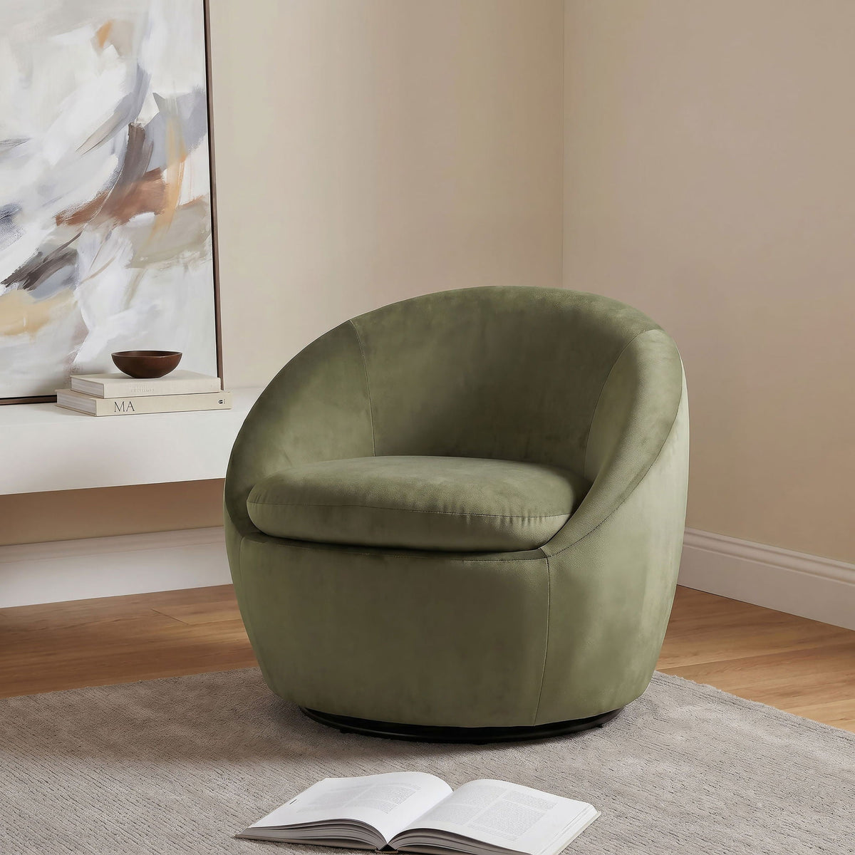 Sculptural Velvet Swivel Accent Chair — Olive