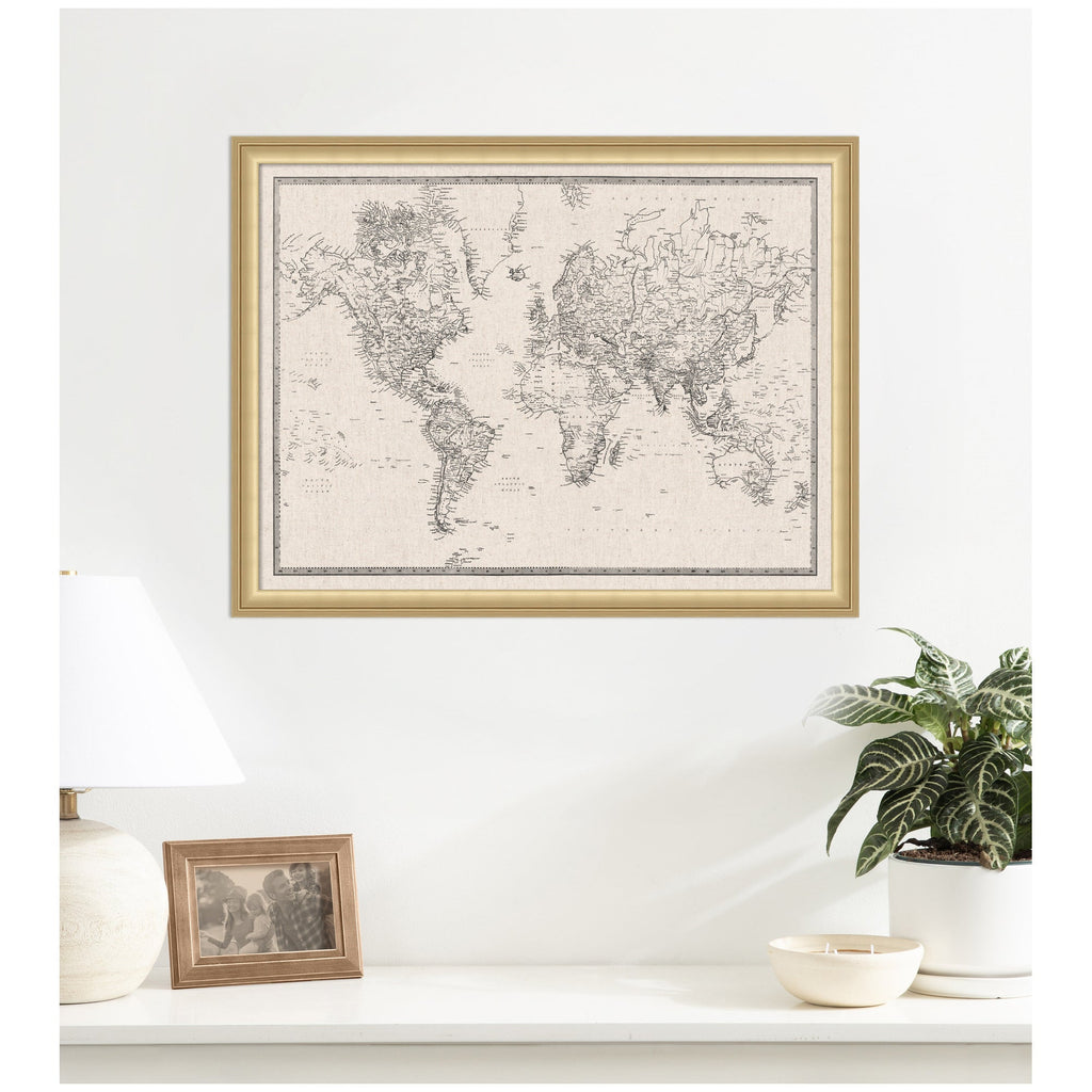 Framed Fabric Pinboard Vintage Black and White Linen World Map Wall Organization