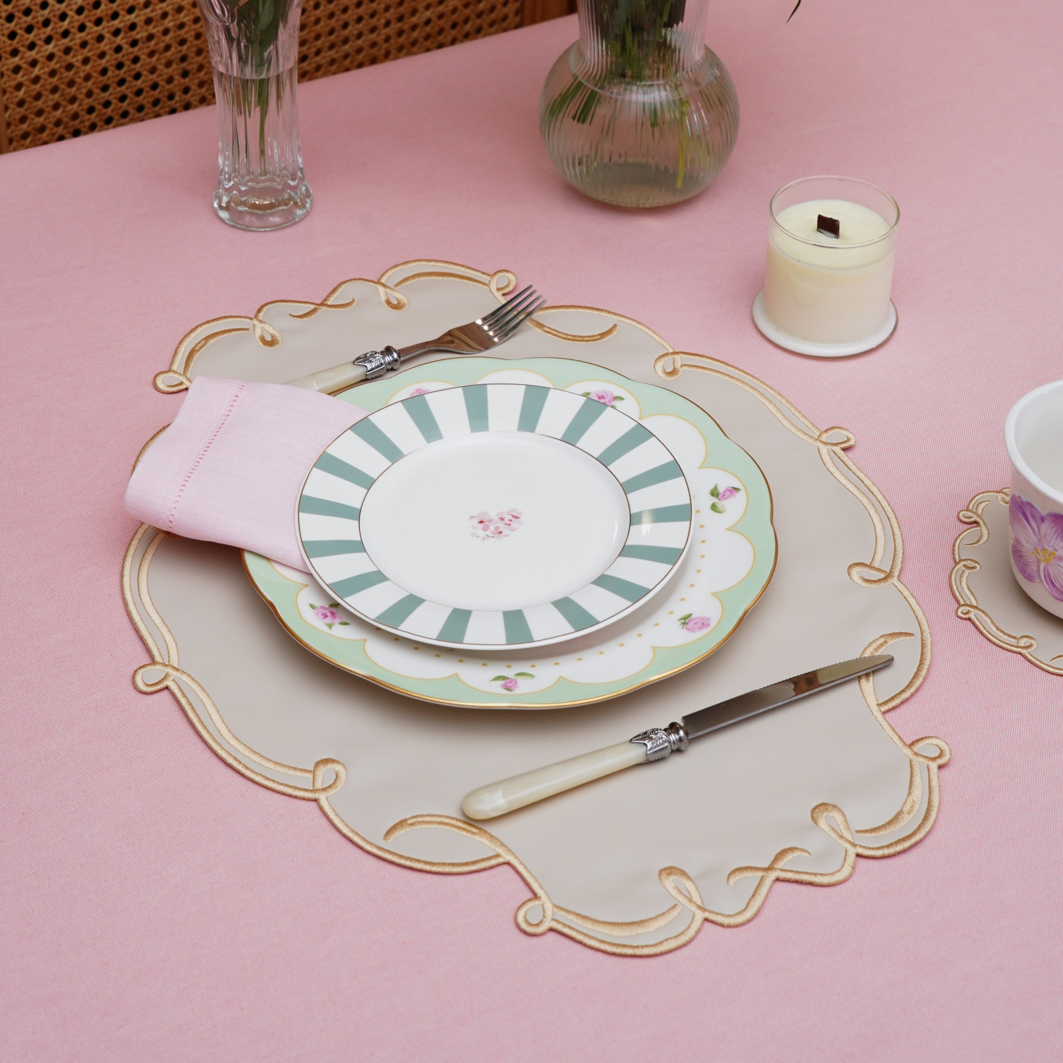CELESTIA BEIGE OVAL FAUX LEATHER PLACEMAT & COASTER SET (Set Of 4)