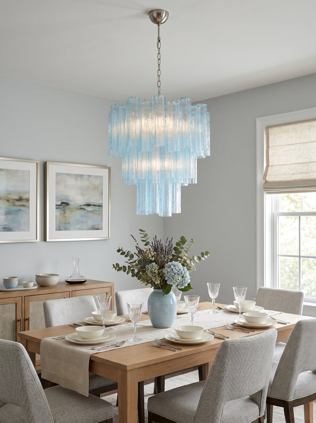 Elegant Blue Murano Glass Tube Chandelier