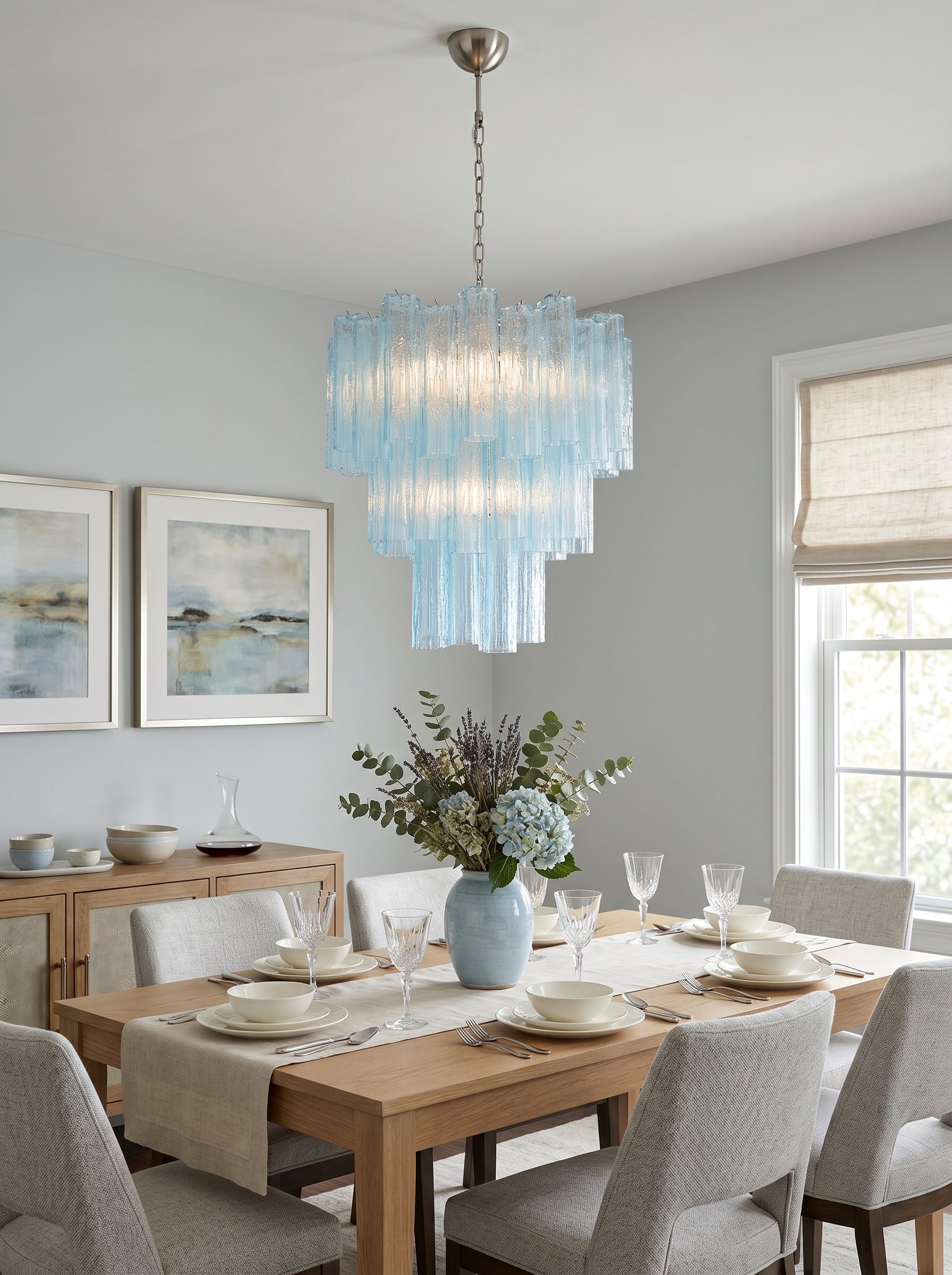 Elegant Blue Murano Glass Tube Chandelier