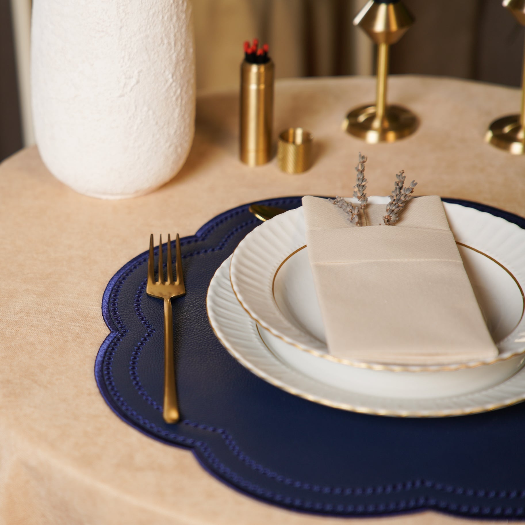 NURTURE NAVY BLUE FAUX LEATHER SCALLOPED PLACEMAT (Set Of 4)