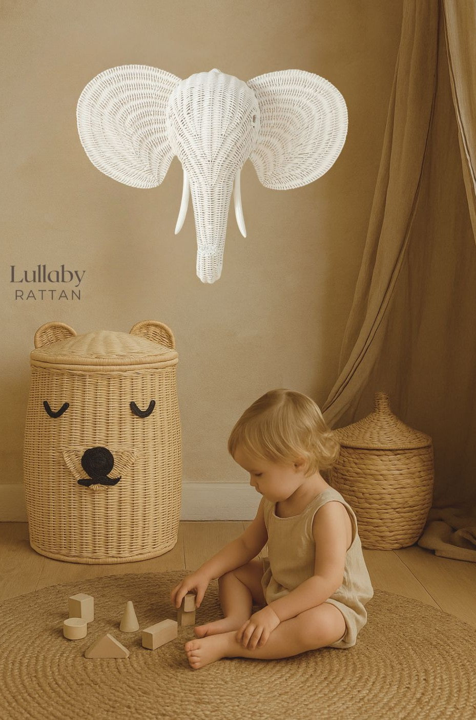 Natural & White Rattan Elephant Wall Decor