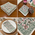 Hand Block Printed Cotton Emerald Green & Pink All-Over 13 Pieces Floral Table Linen Set