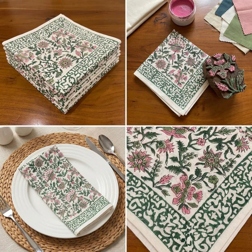 Hand Block Printed Cotton Emerald Green & Pink All-Over 13 Pieces Floral Table Linen Set