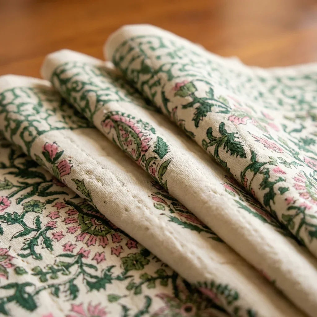 Hand Block Printed Cotton Emerald Green & Pink All-Over 13 Pieces Floral Table Linen Set