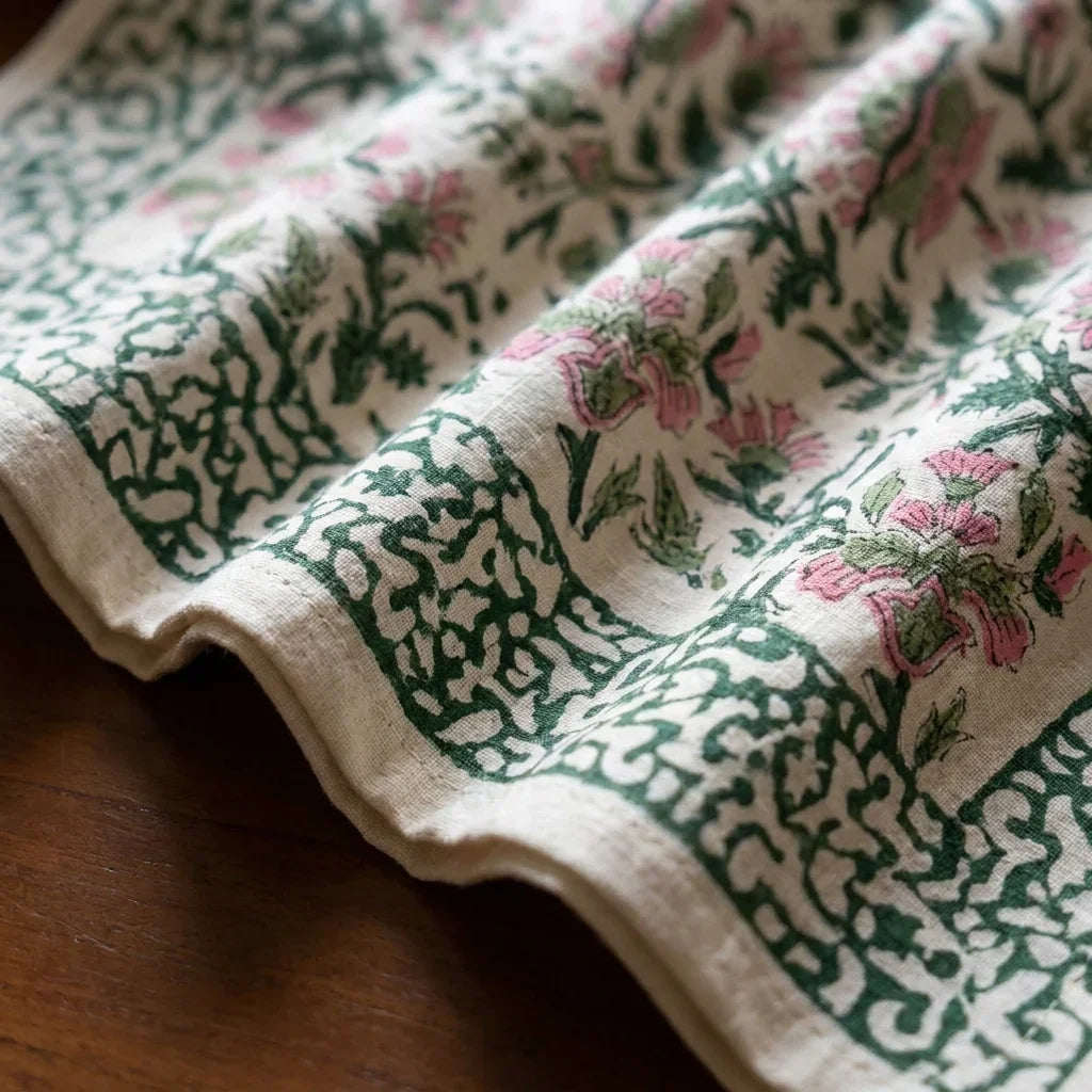 Hand Block Printed Cotton Emerald Green & Pink All-Over 13 Pieces Floral Table Linen Set