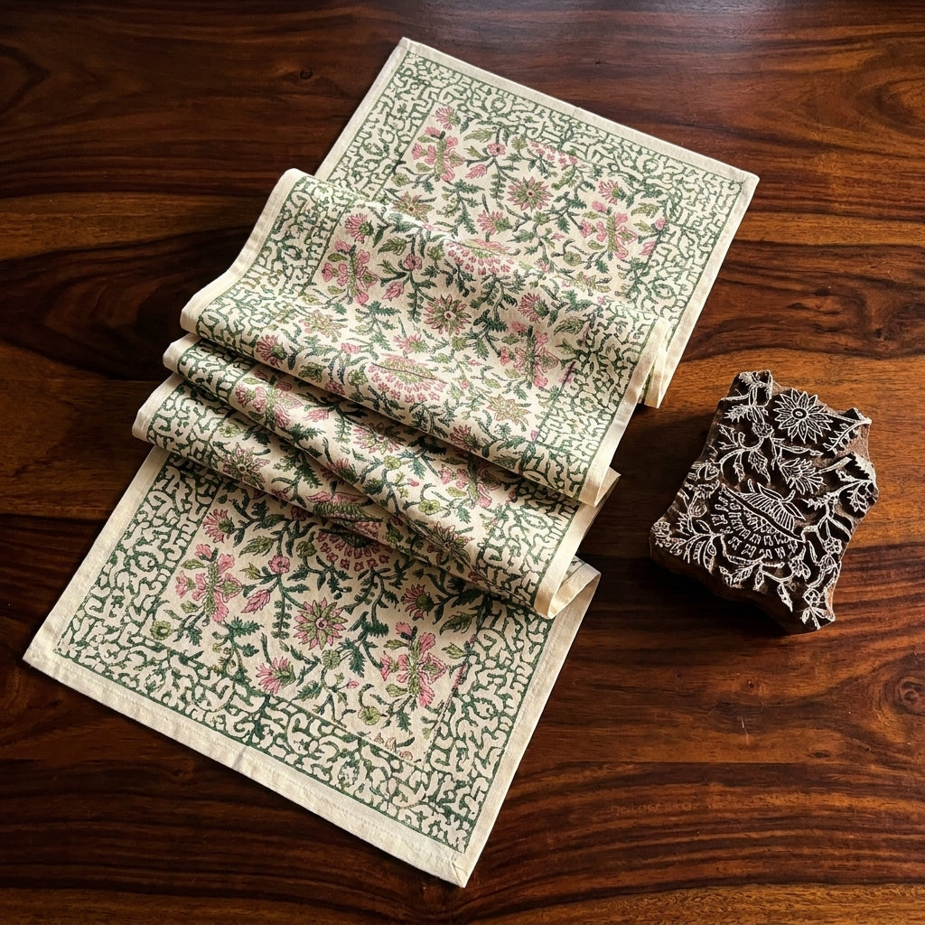 Hand Block Printed Cotton Emerald Green & Pink All-Over 13 Pieces Floral Table Linen Set