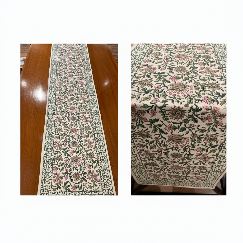Hand Block Printed Cotton Emerald Green & Pink All-Over 13 Pieces Floral Table Linen Set