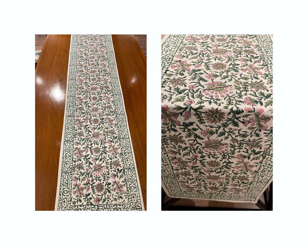 Hand Block Printed Cotton Emerald Green & Pink All-Over 13 Pieces Floral Table Linen Set