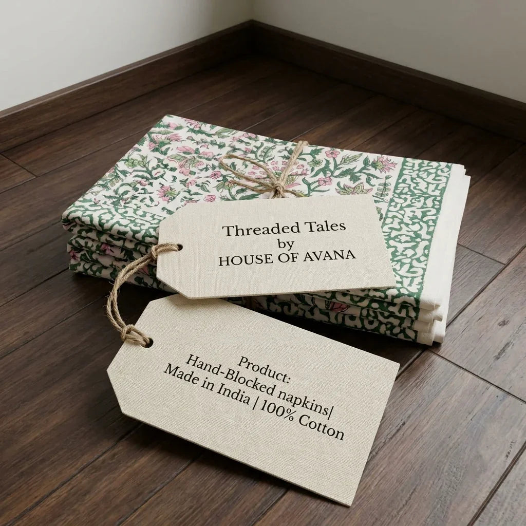 Hand Block Printed Cotton Emerald Green & Pink All-Over 13 Pieces Floral Table Linen Set