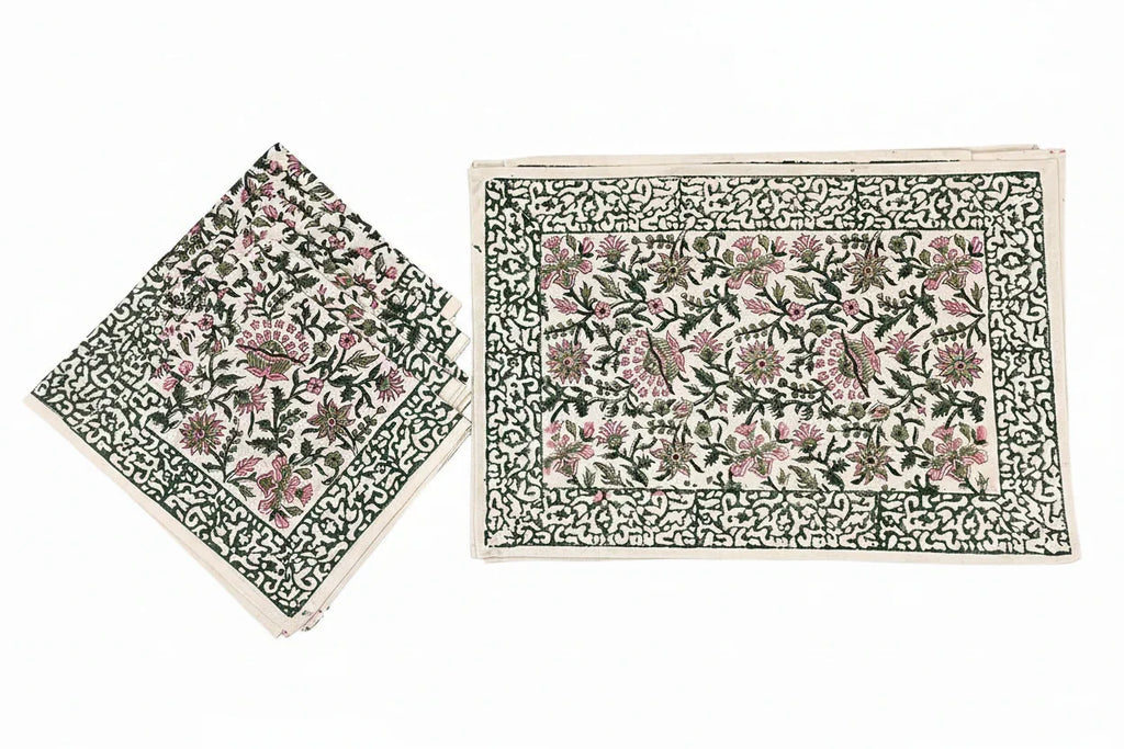 Hand Block Printed Cotton Emerald Green & Pink All-Over 13 Pieces Floral Table Linen Set