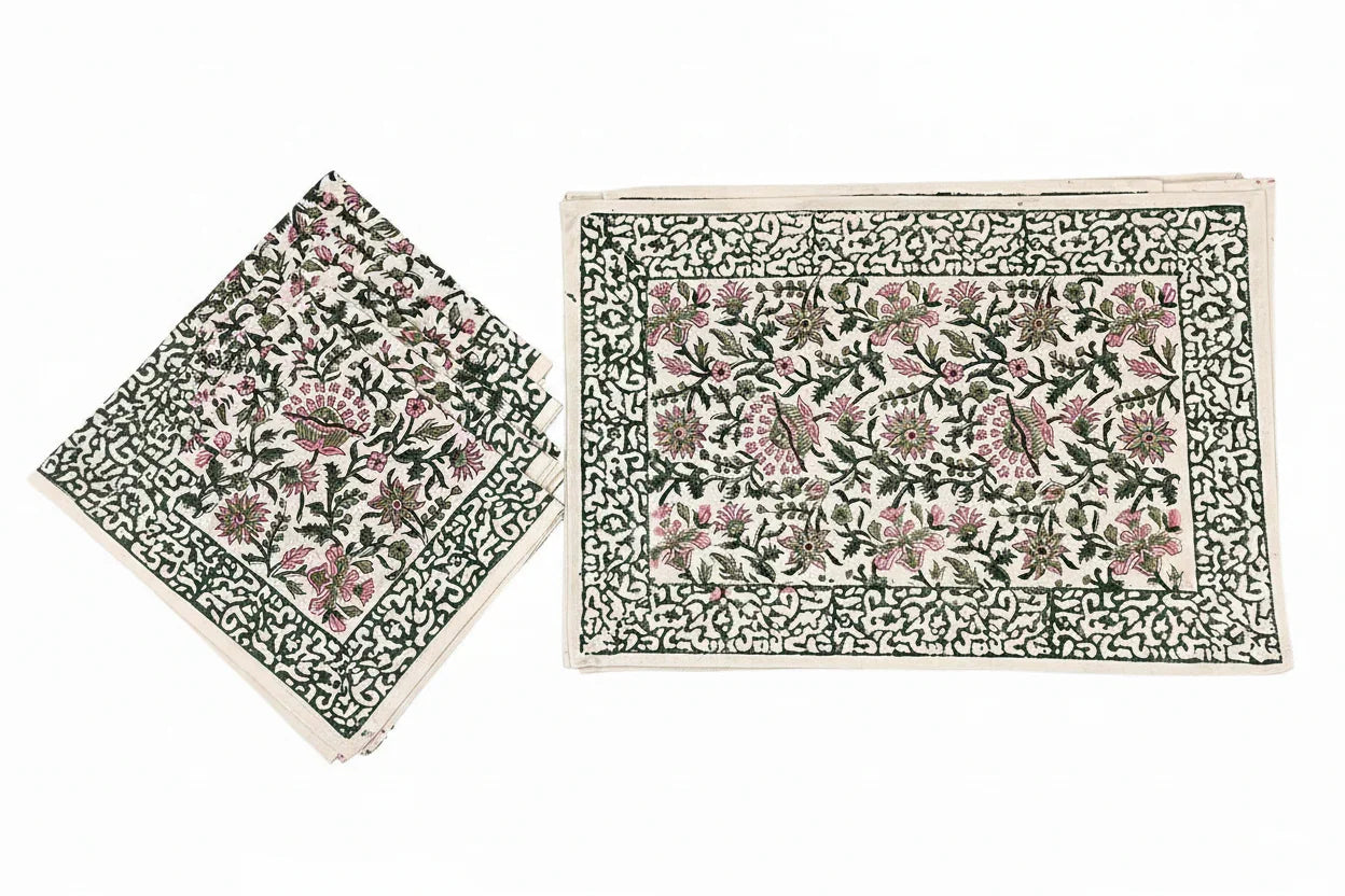 Hand Block Printed Cotton Emerald Green & Pink All-Over 13 Pieces Floral Table Linen Set