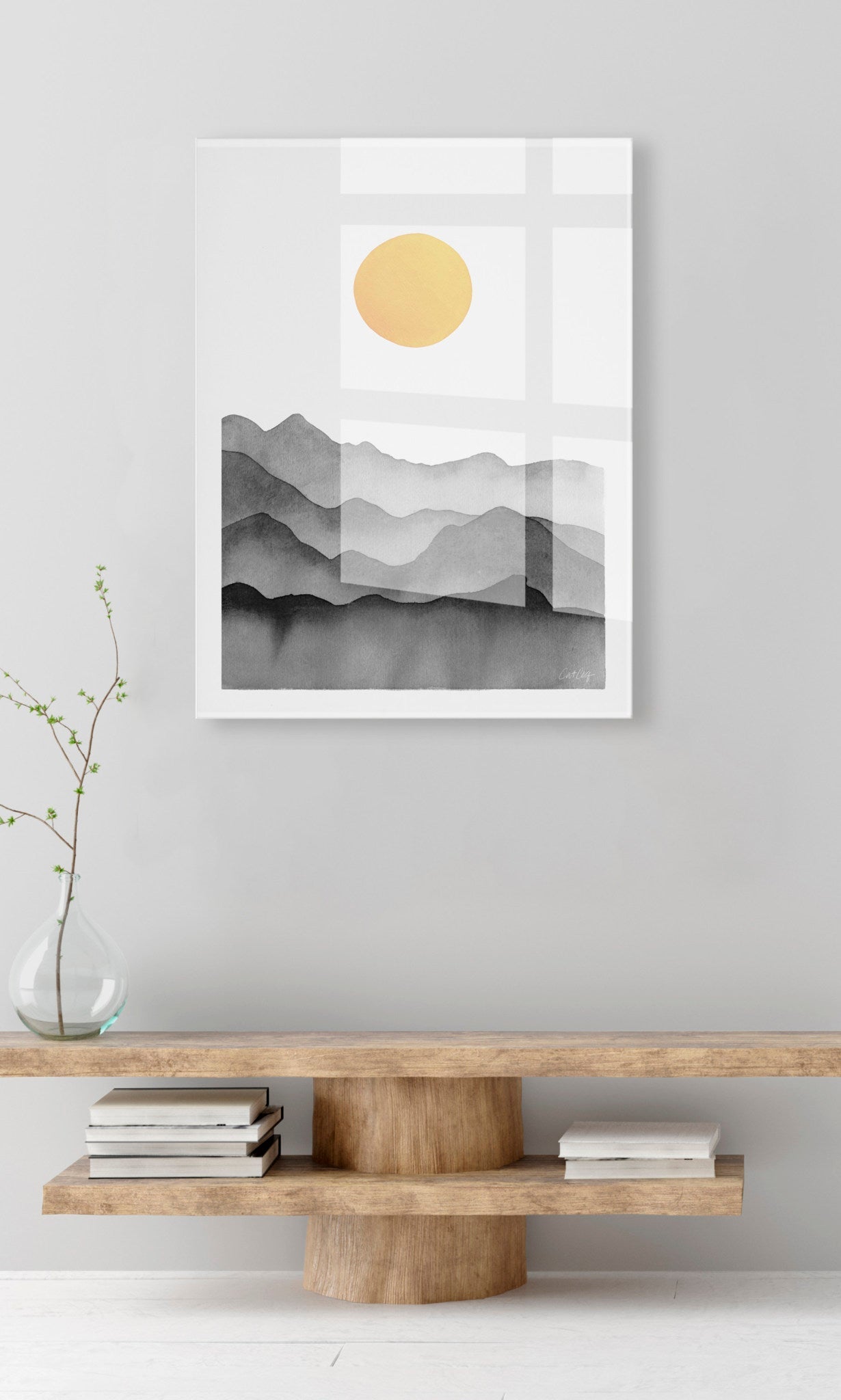 Black Yellow Mountain Range Silhouette Floating Acrylic Art by Cat Coquillette