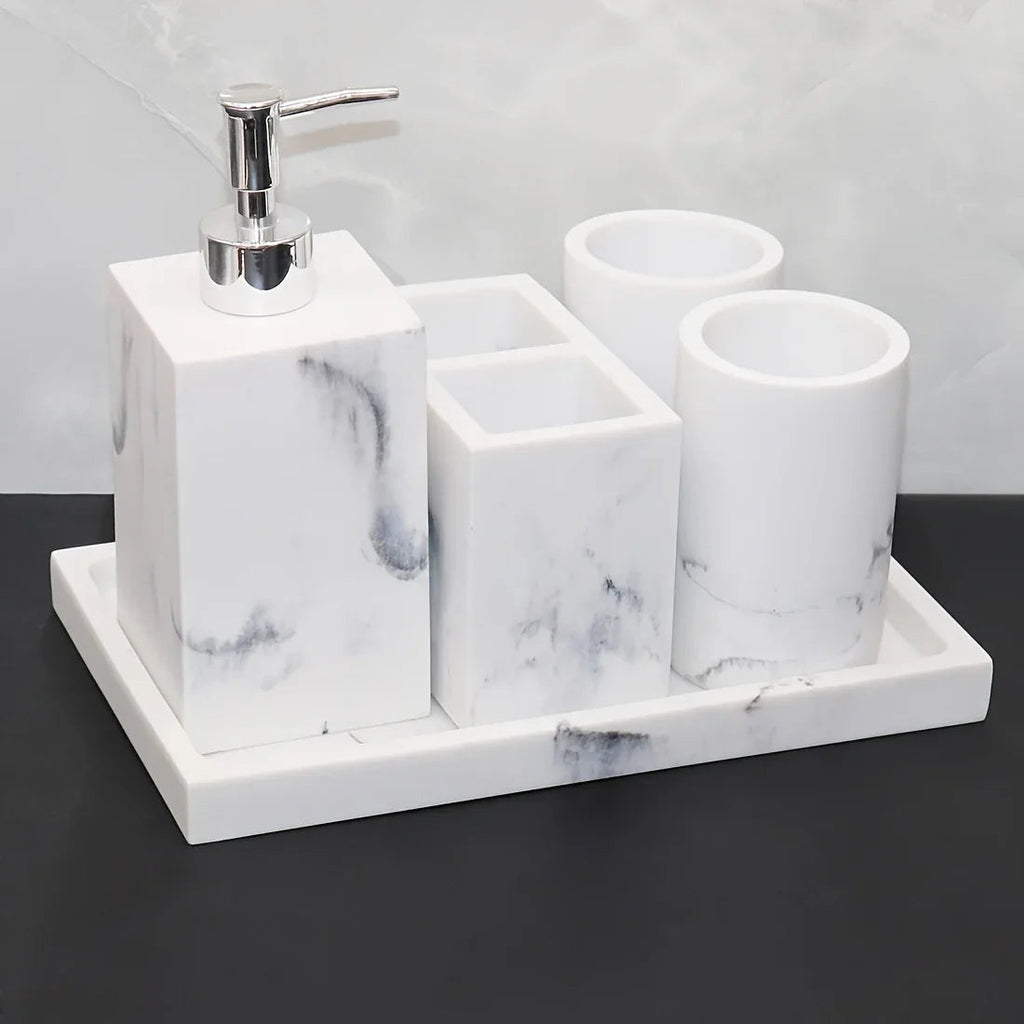 European Style 5-Piece Bathroom Accessory Set with Faux Marble Design - Includes Soap Dispenser, Toothbrush Holder, Tumbler, Soap Dish, and Tray - Elegant Vanity Countertop Ensemble for Home or Hotel Decor