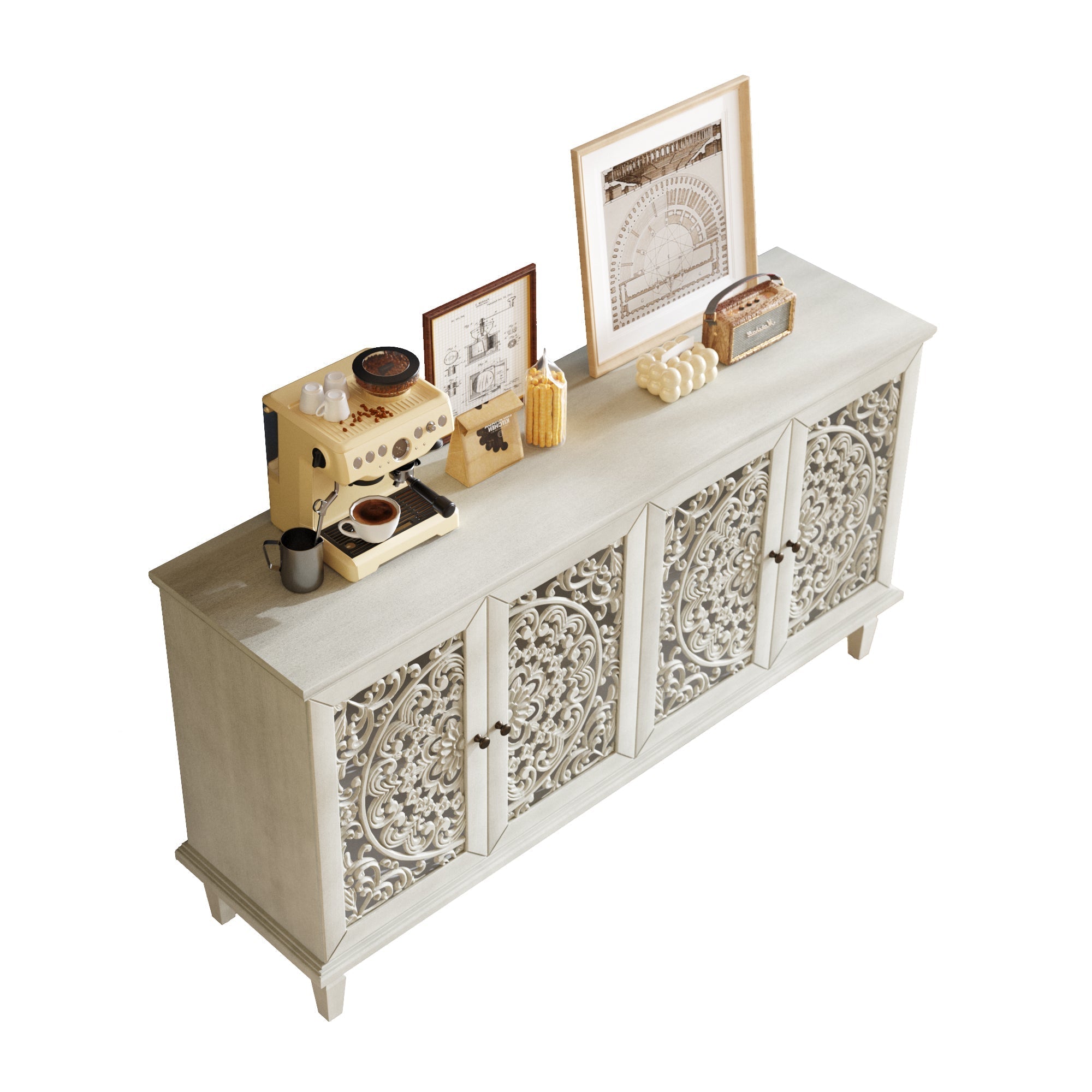 60" Antique Buffet Cabinet with Floral Carvings and Solid Wood Legs