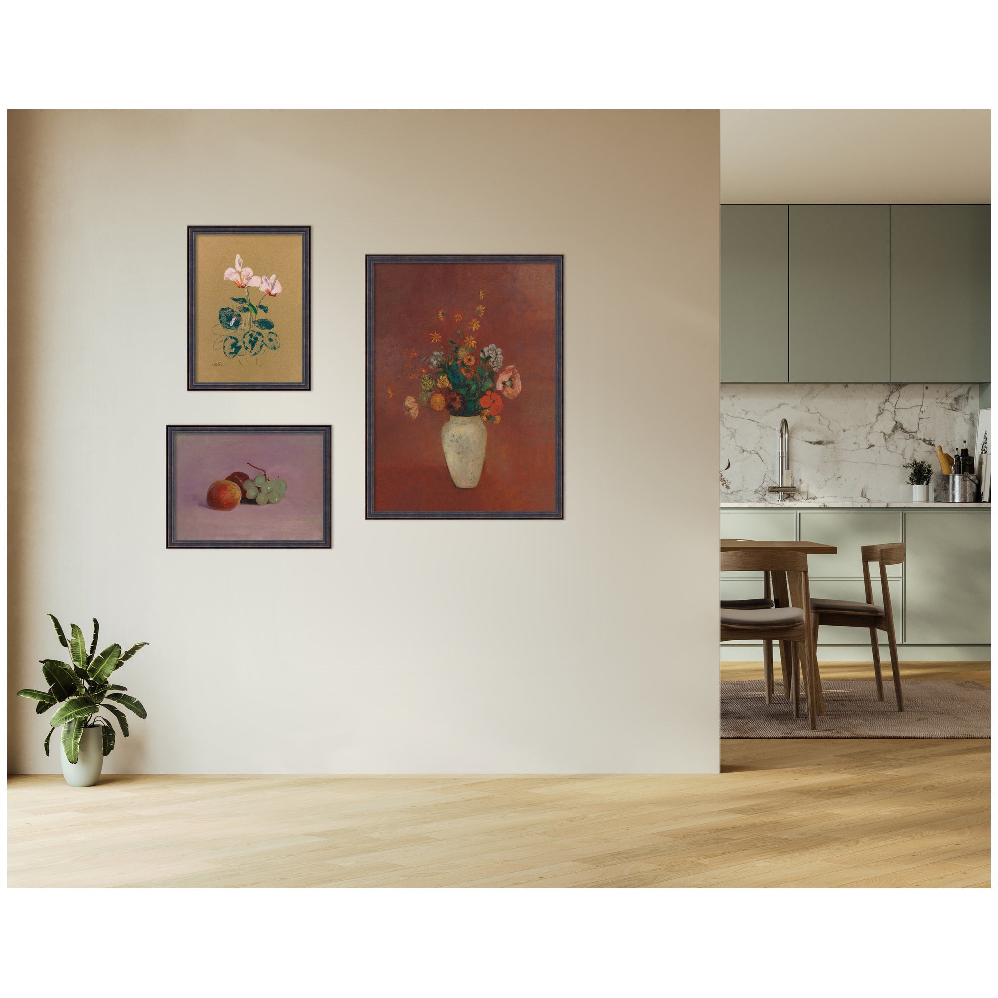 Cyclamen, Fruit & Chinese Vase — 3-Piece Framed Art Set
