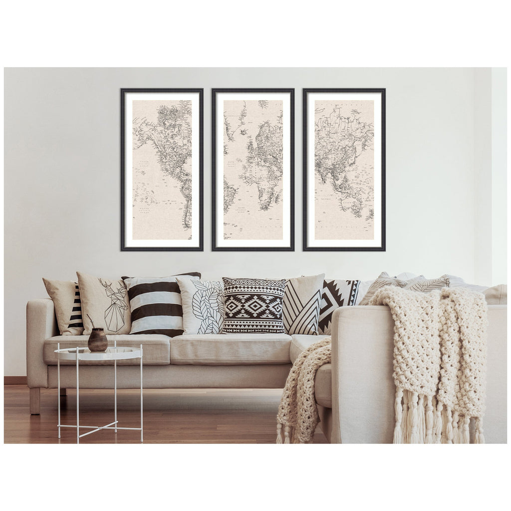 Vintage Black & White World Map — 3-Piece Framed Art Set