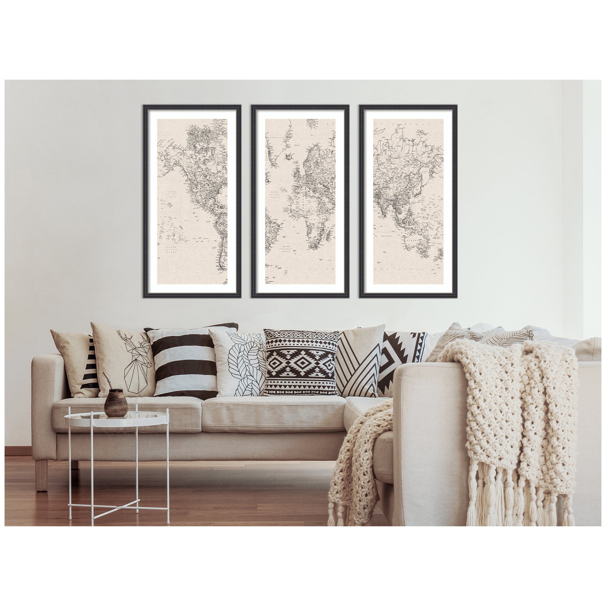 Vintage Black & White World Map — 3-Piece Framed Art Set