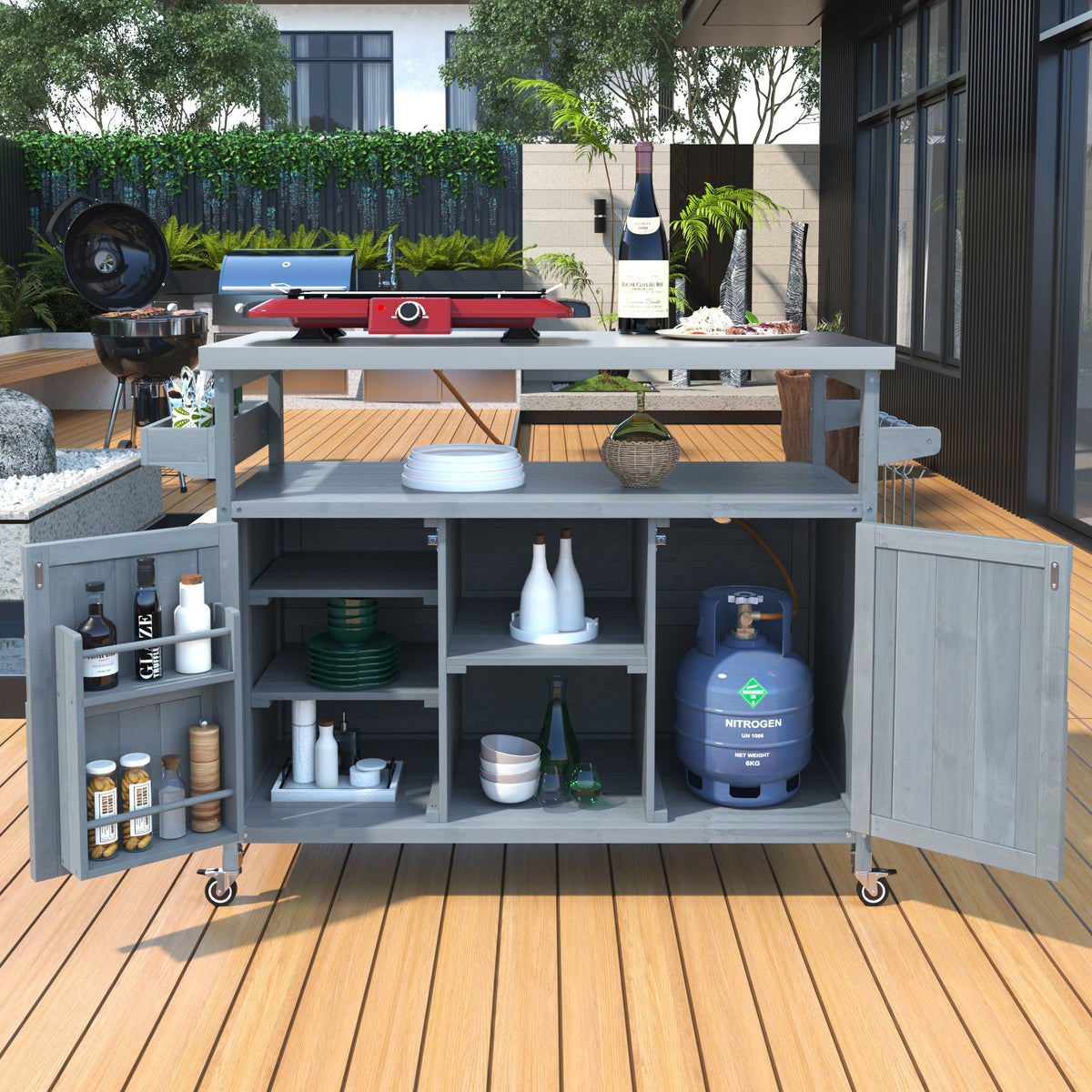 K&K Outdoor Kitchen Island, Rolling Bar Cart & Storage Cabinet
