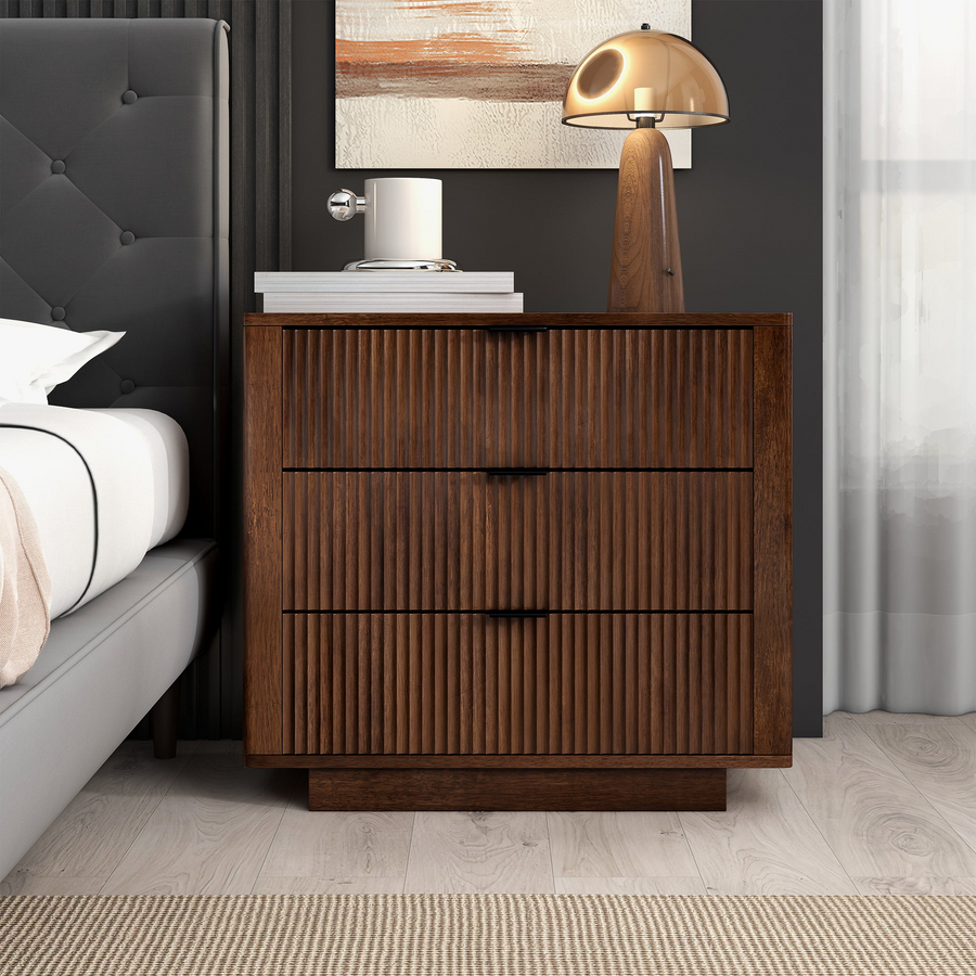 Lola Solid-Wood Three-Drawer Nightstand — Walnut