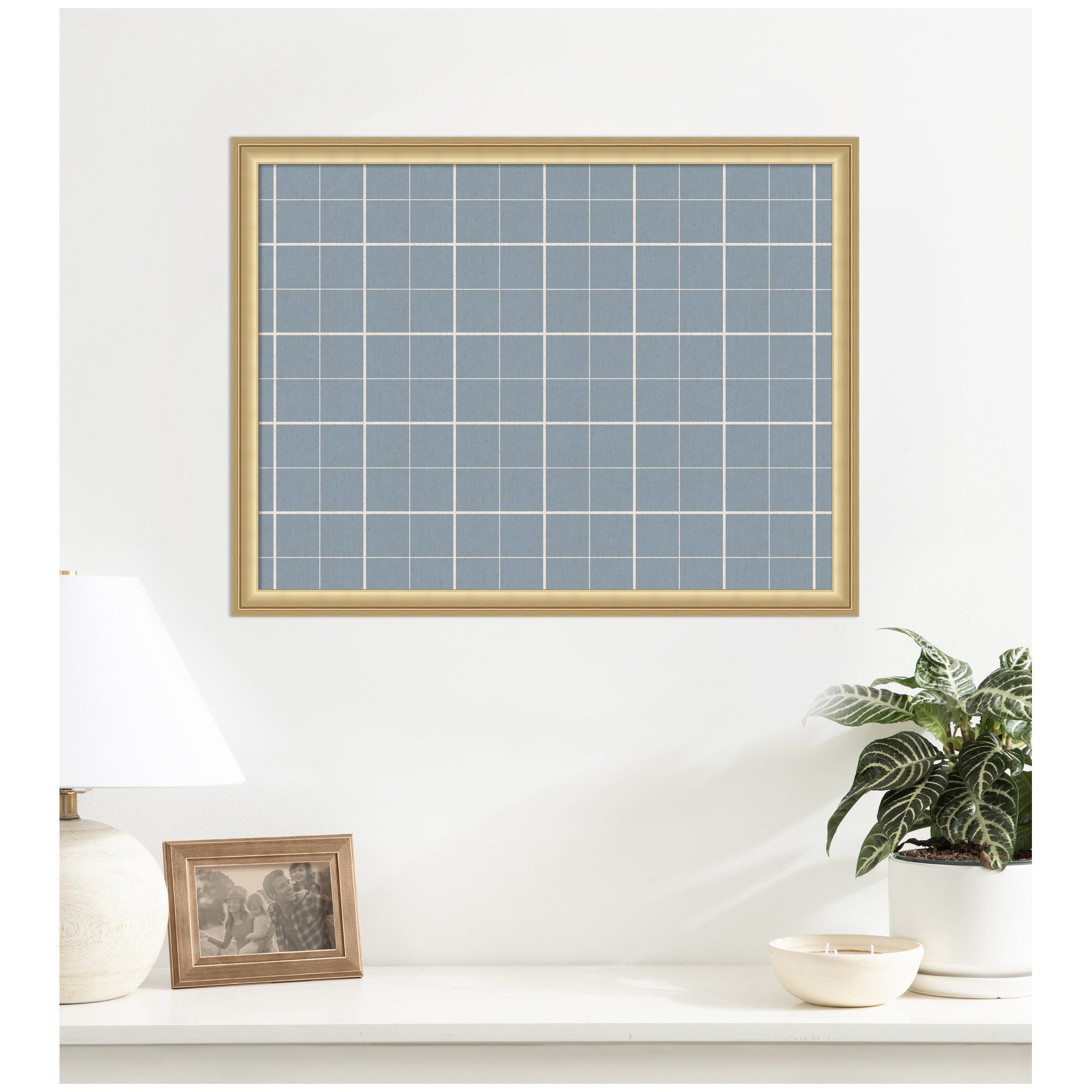 Framed Fabric Pinboard Light Blue Plaid Wall Organization