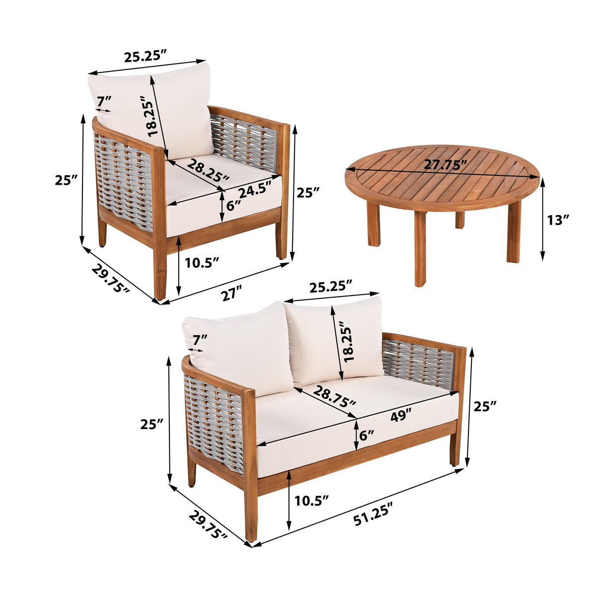 Woven Rope Outdoor Lounge Set — Beige, 4 Seats