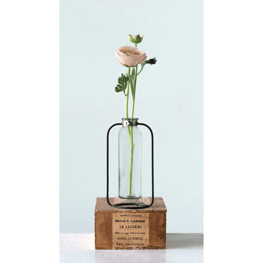 Glass Bud Vase in Metal Stand