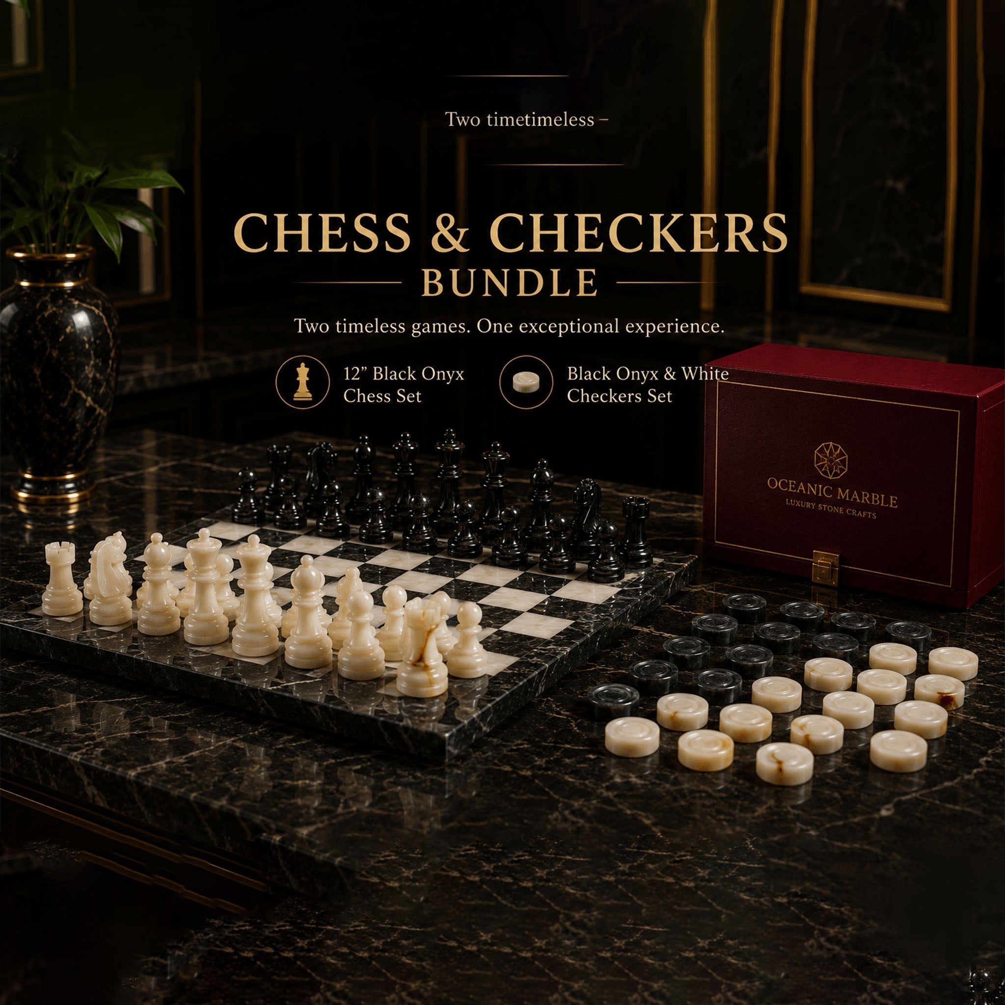 Foundly premium black onyx and white marble chess and checkers bundle set displayed on a dark stone table.