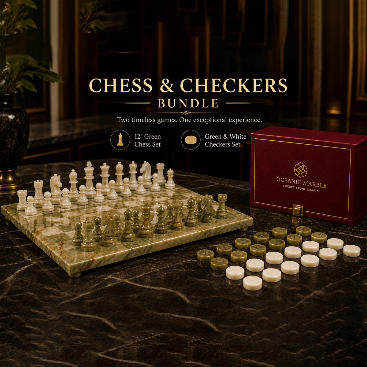 Foundly green onyx and white marble chess and checkers bundle with hand-carved stone pieces on a dark table.