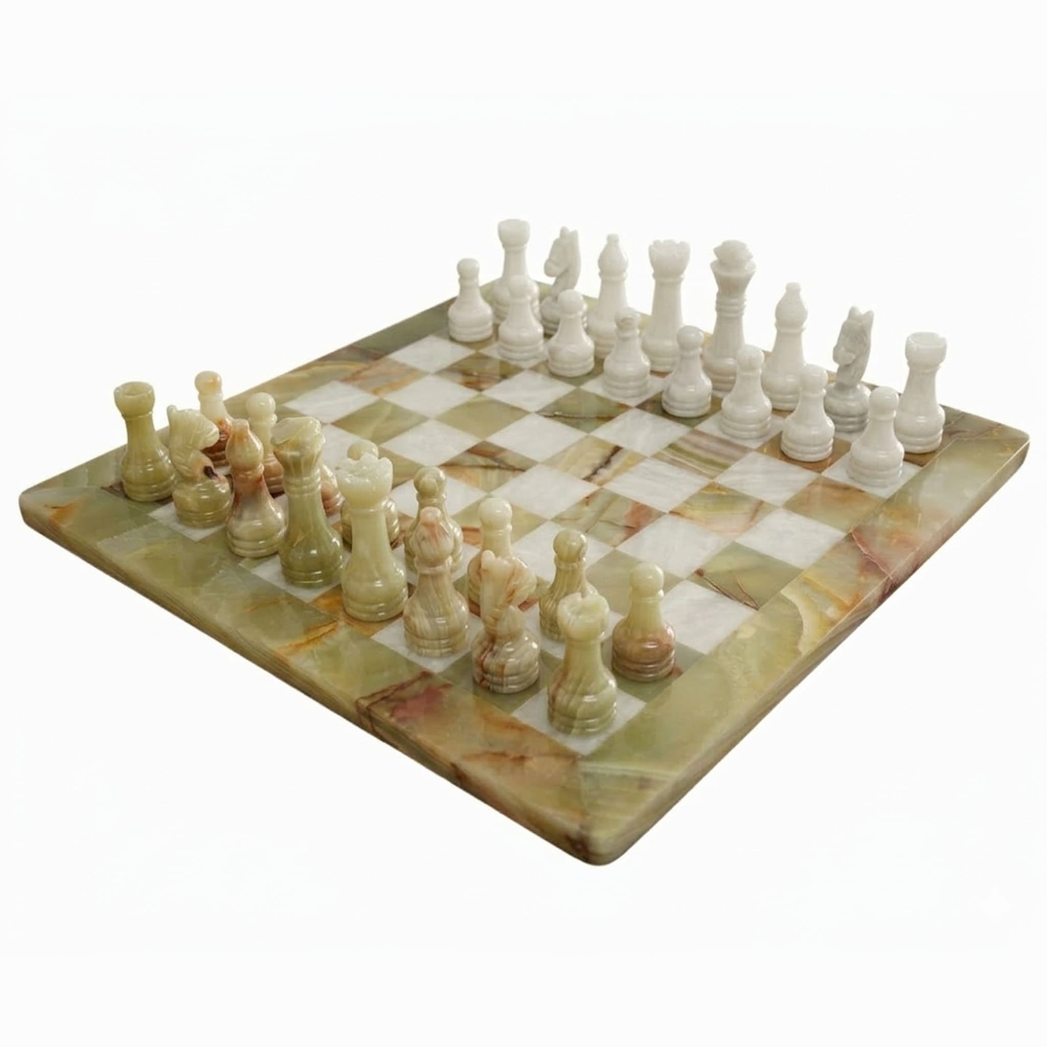 Foundly 12-inch green onyx and white marble chess set with hand-carved natural stone pieces on a polished board