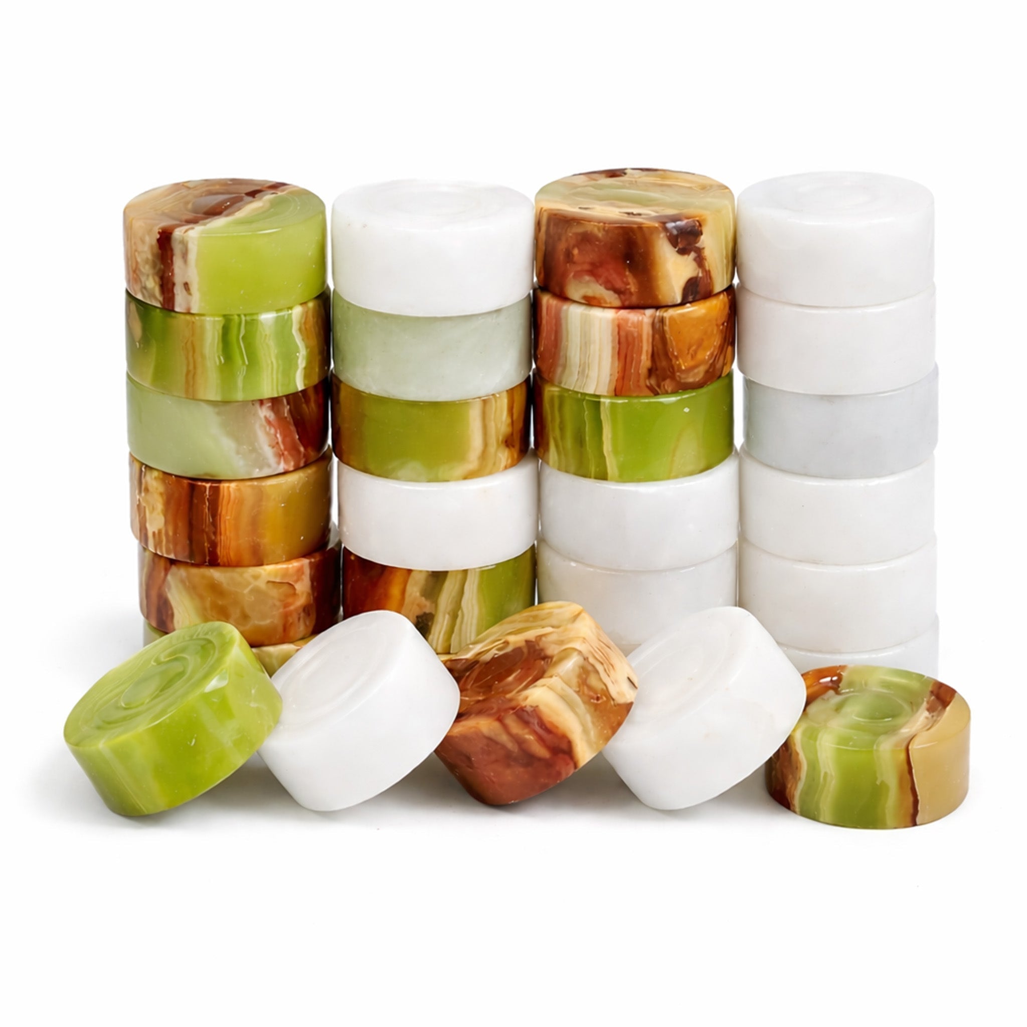 Foundly handcrafted marble and onyx checkers pieces in green, white, and brown tones stacked on a white background