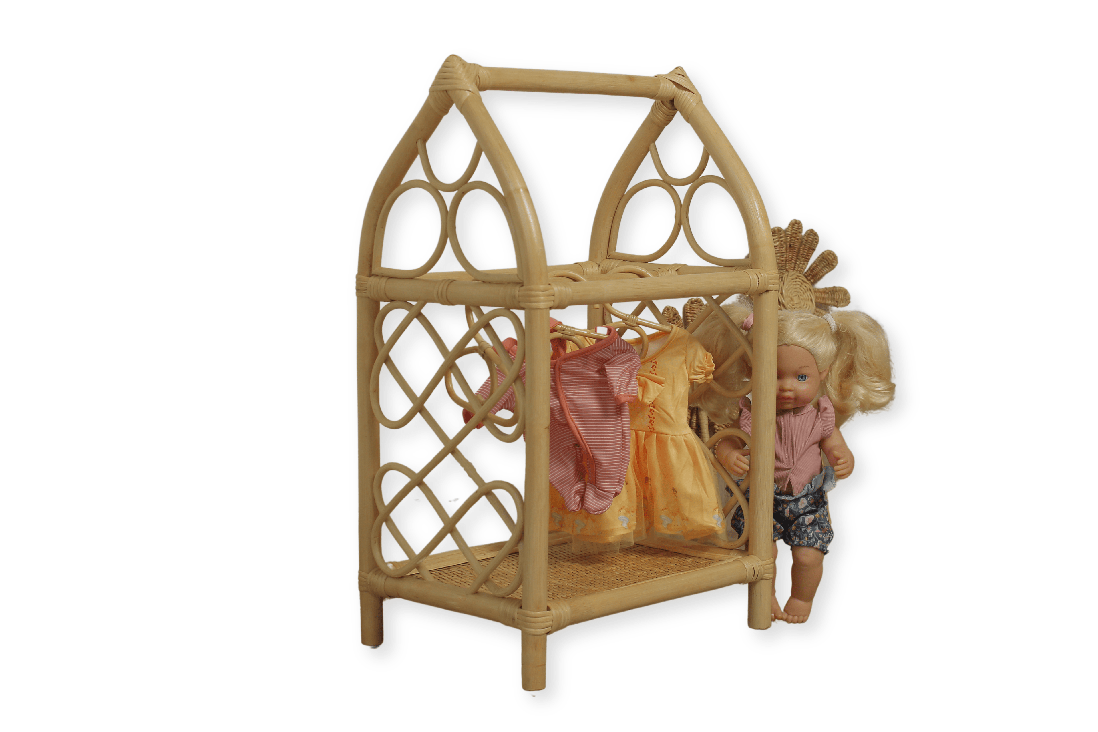 Rattan Doll Clothes Rack with Hangers