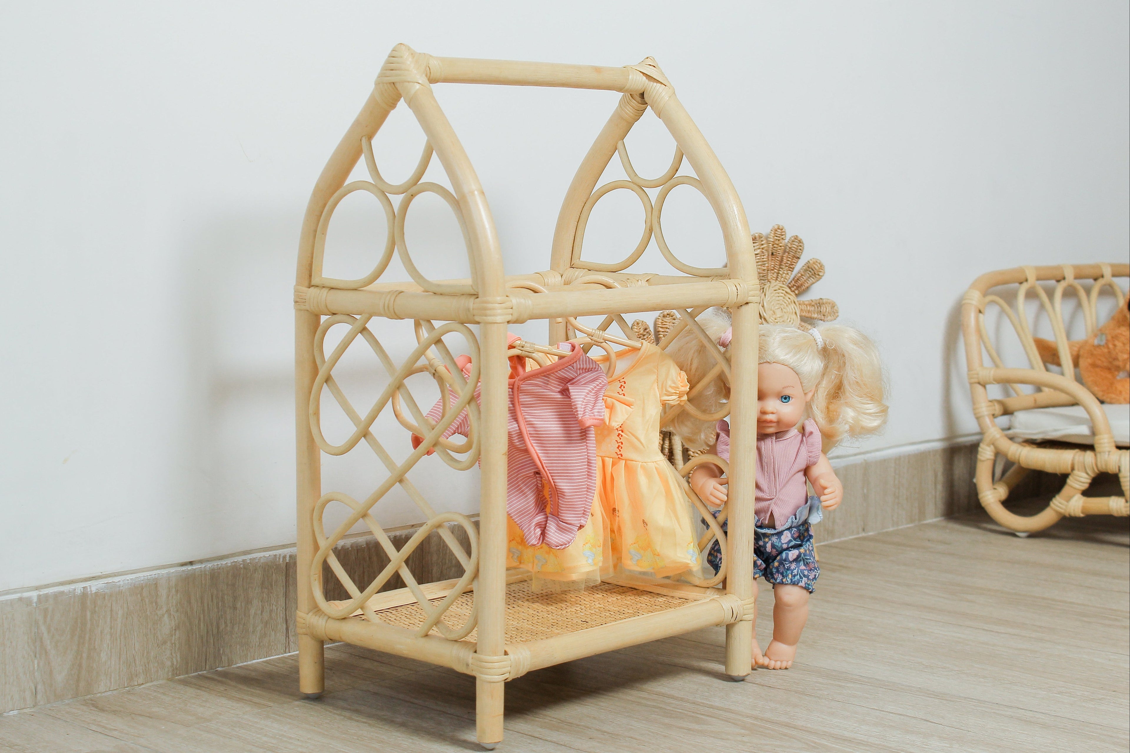 Rattan Doll Clothes Rack with Hangers