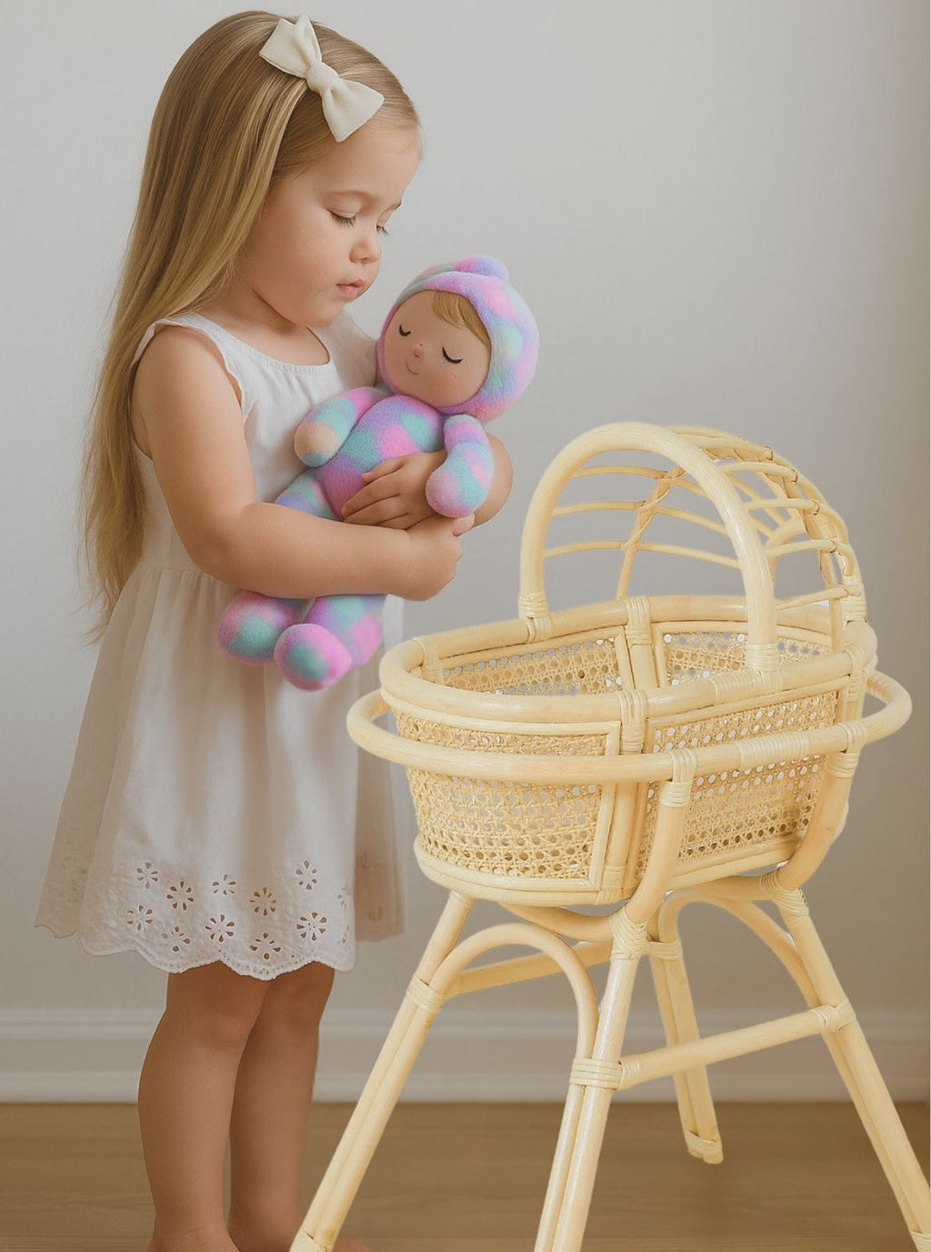 Handwoven Rattan Doll Bassinet with Stand