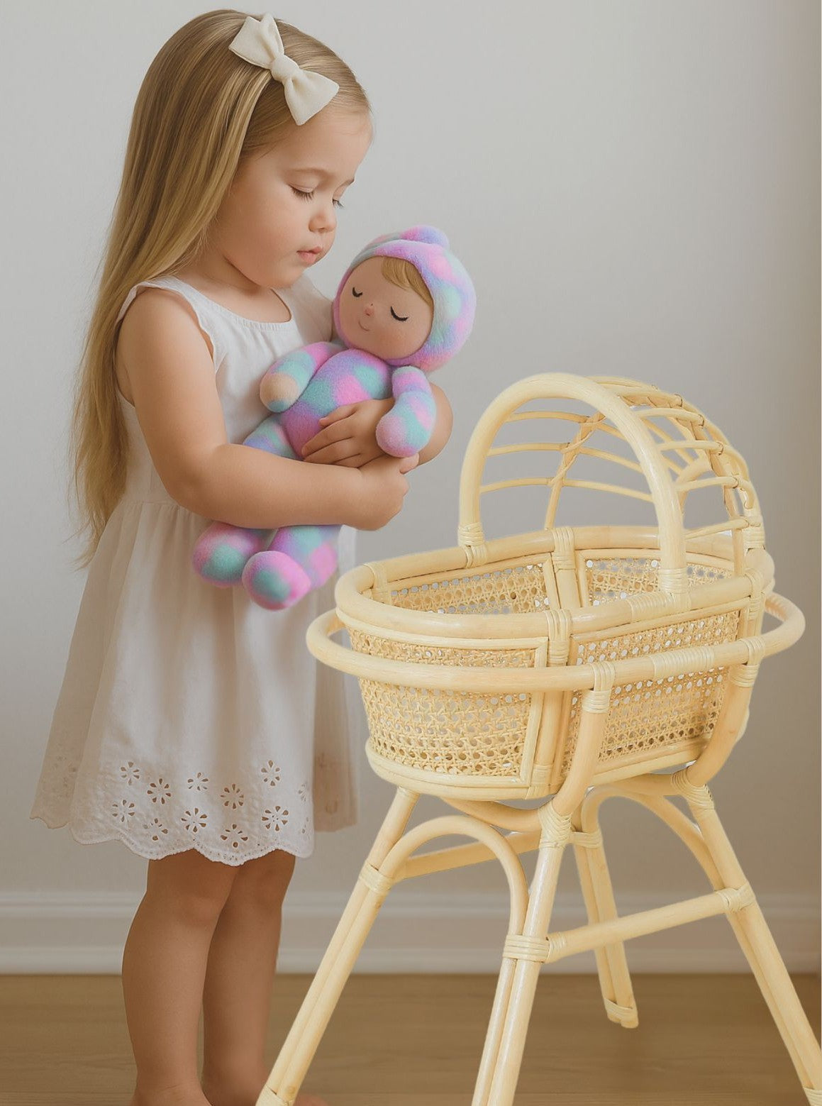 Handwoven Rattan Doll Bassinet with Stand