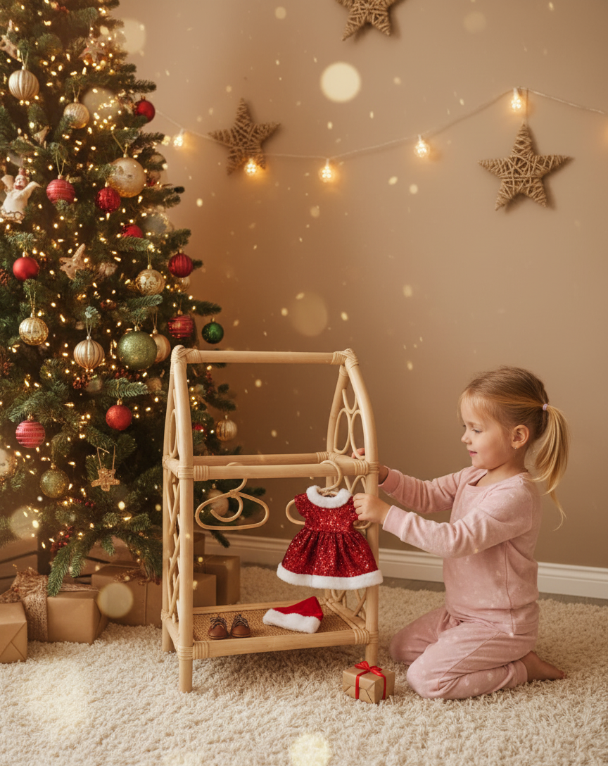 Rattan Doll Clothes Rack with Hangers