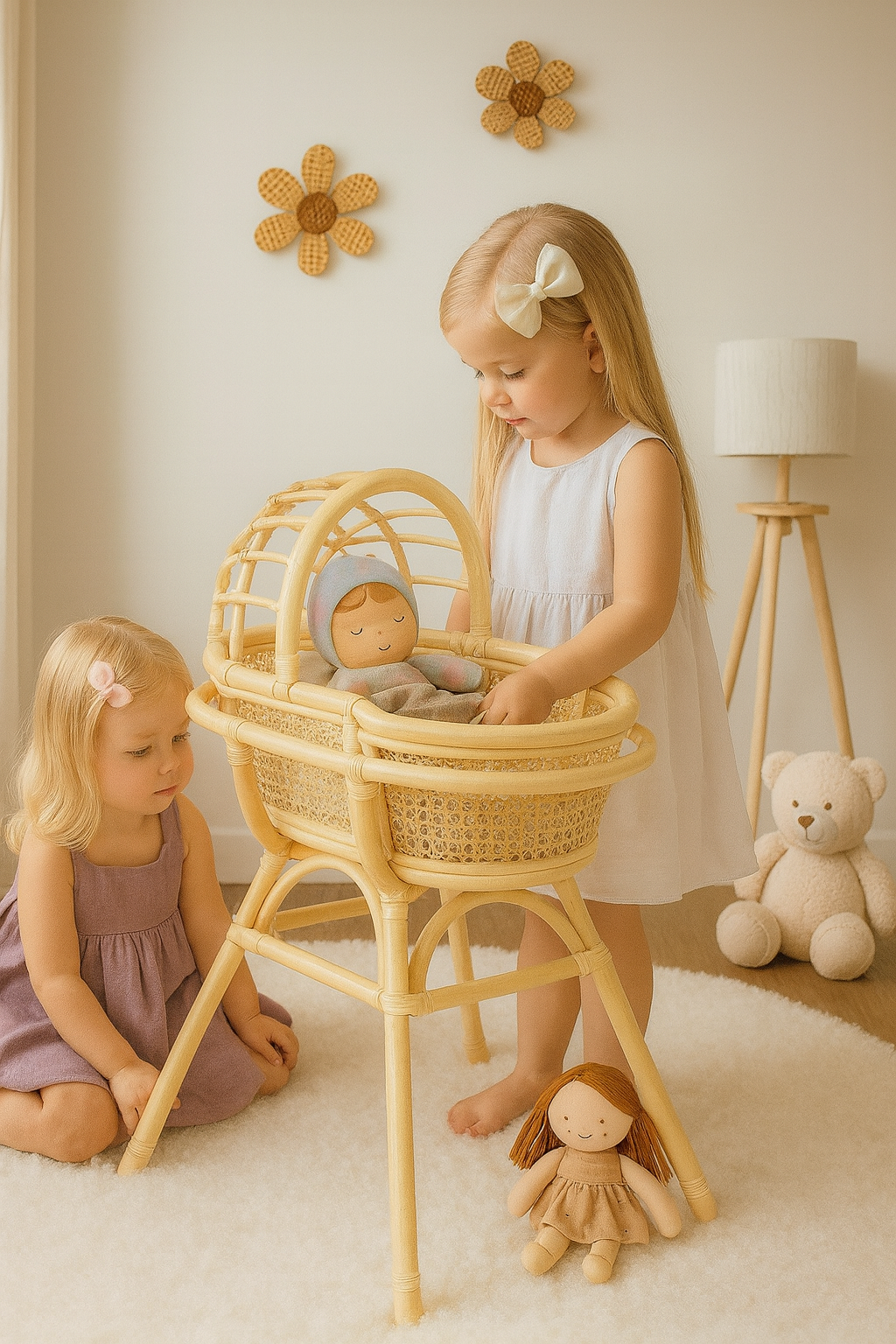 Handwoven Rattan Doll Bassinet with Stand