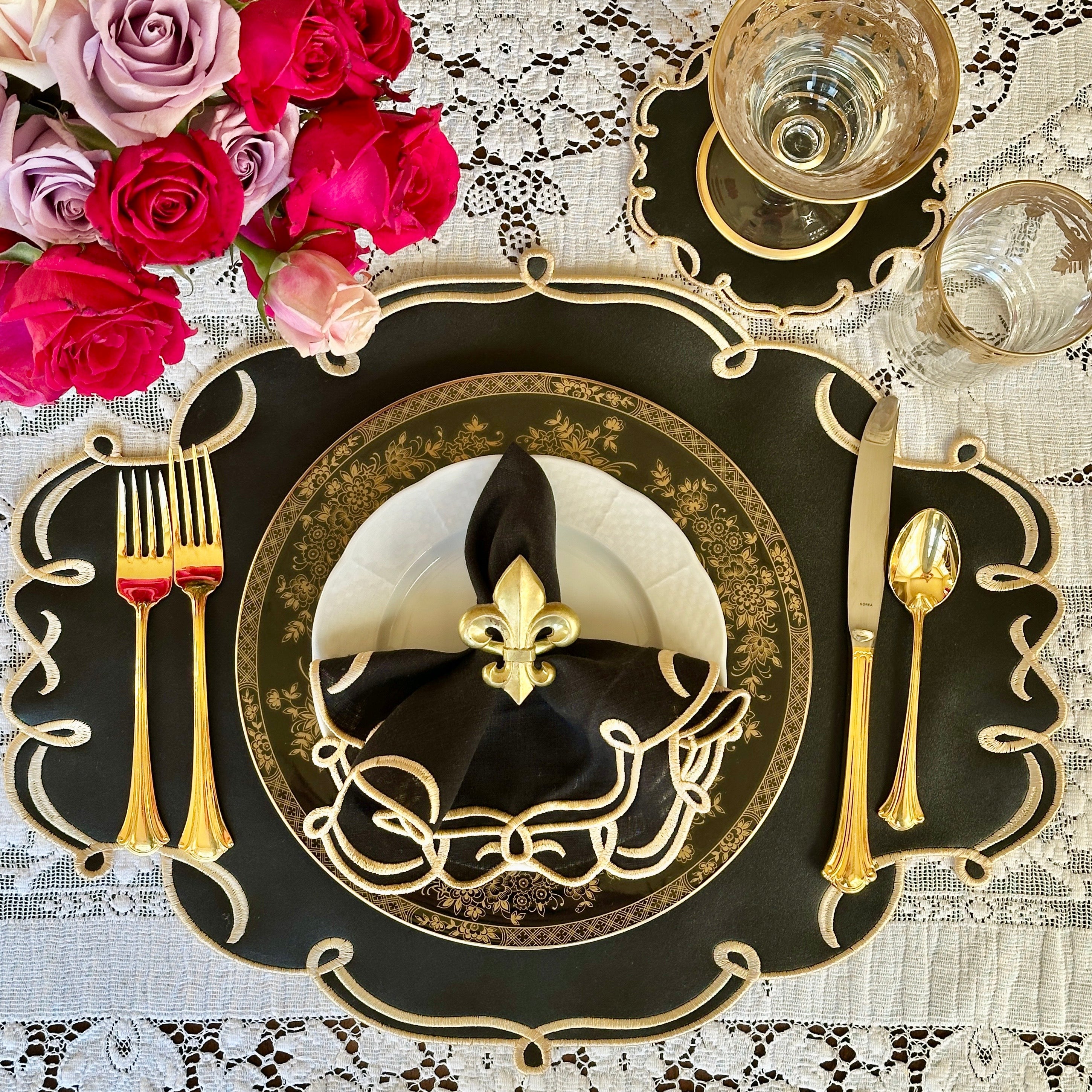 CELESTIA BLACK OVAL FAUX LEATHER PLACEMAT & NAPKIN & COASTER SET (Set Of 4)