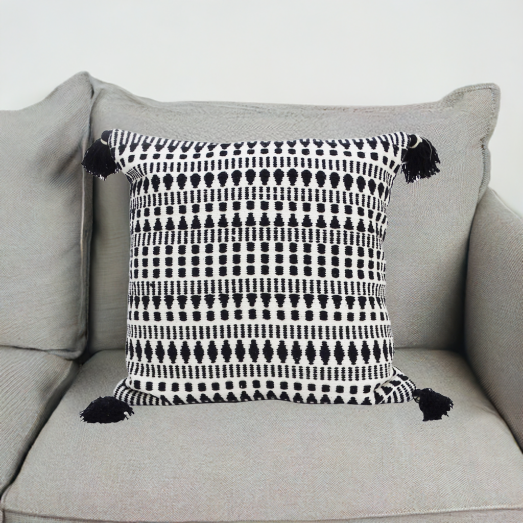 Black 22" X 22" Throw Pillow for couch with Tassels-Winter