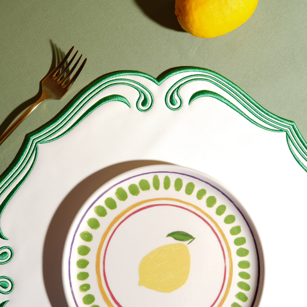ROYAL WHITE GREEN TRIM SQUARE FAUX LEATHER PLACEMAT (Set Of 4)