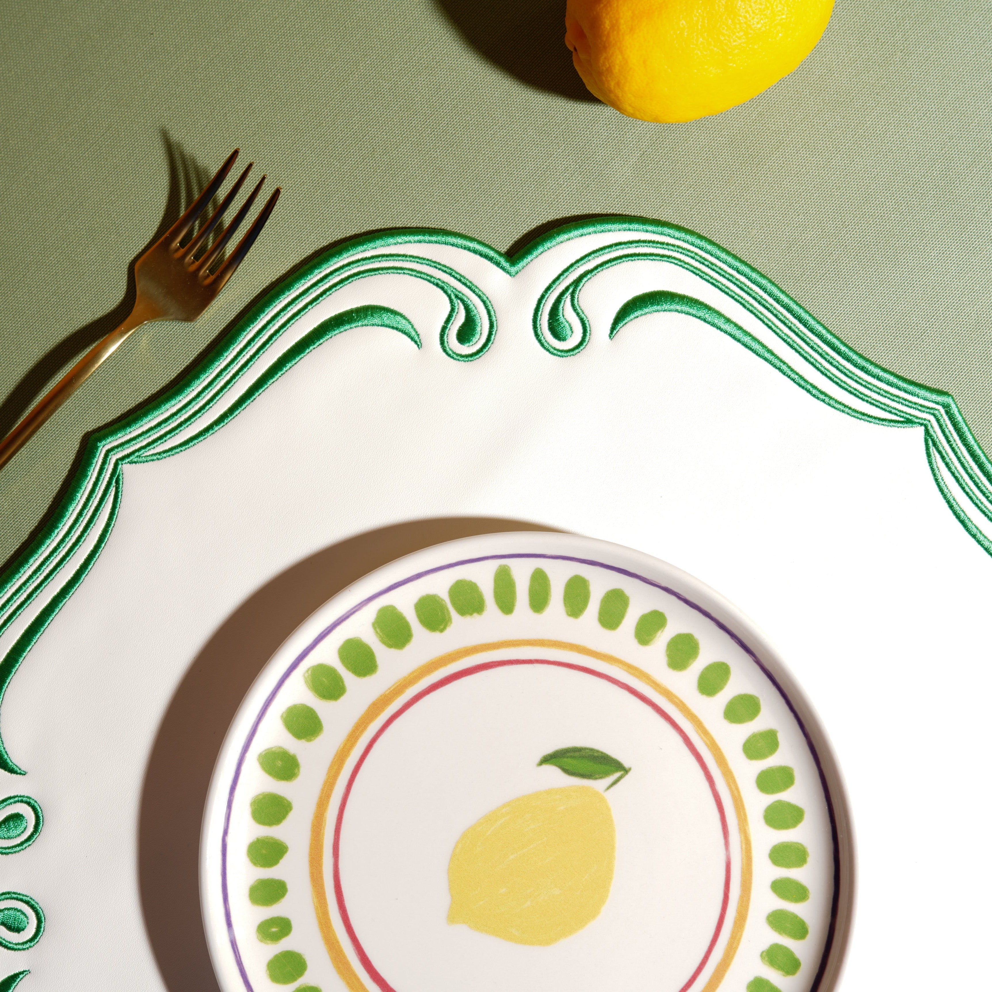 ROYAL WHITE GREEN TRIM SQUARE FAUX LEATHER PLACEMAT (Set Of 4)