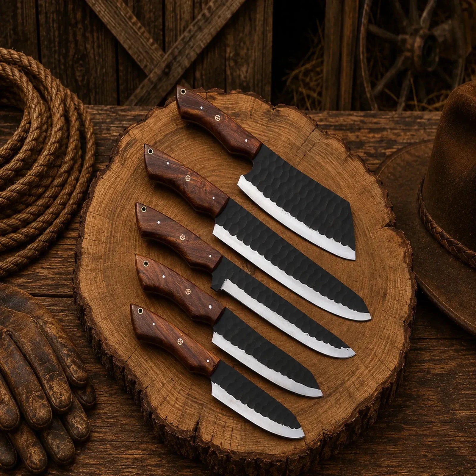 Handmade Chef Knife Set – Carbon Steel 5-Piece Wood Handle